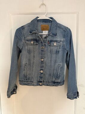 LEVI’S Kids Denim Jean Jacket Unisex Trucker Jacket Size Large 12-13 Red Tab